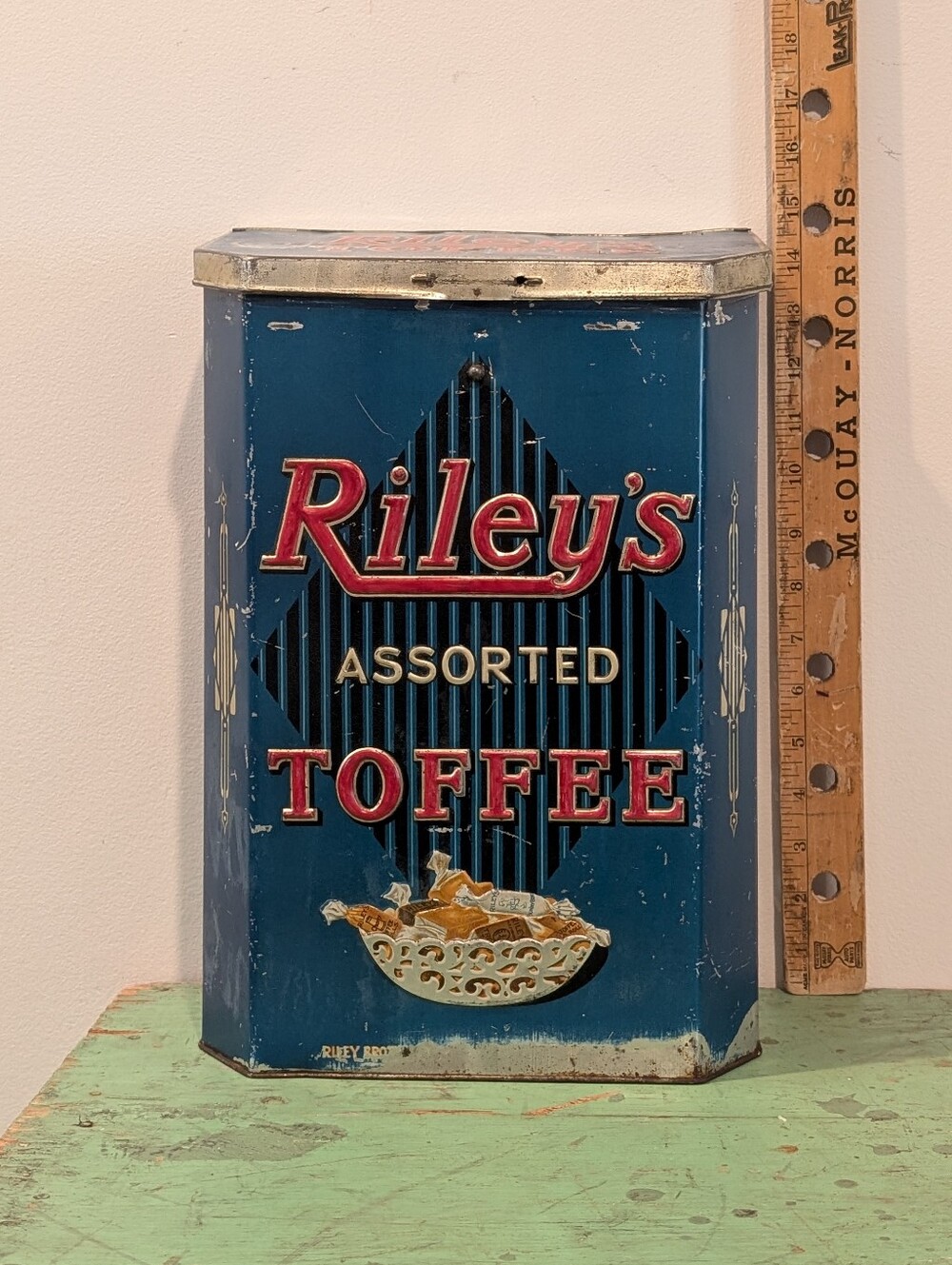 Large Antique General Store Display Antique Riley's Toffee Confectionery Tin!